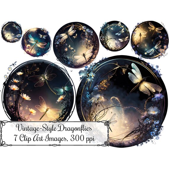 Vintage Style Dragonfly Floral Illustration Clip Art, Orange and Teal Ornamental Circles Digital Art Instant Download 300 ppi PNG Images