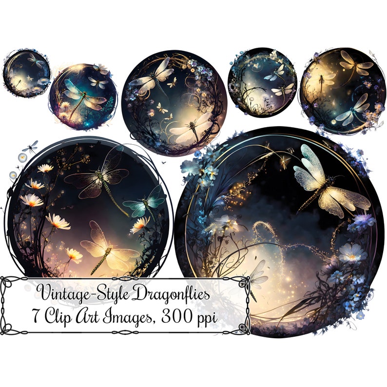 May include: Seven vintage-style dragonfly clip art images in a dark blue and gold color scheme. The dragonflies are surrounded by flowers and glowing lights. The text "Vintage-Style Dragonflies 7 Clip Art Images, 300 ppi" is at the bottom of the image.