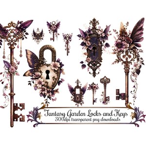 Fantasy Fairy Garden sloten en sleutels illustraties, paars en perzik met Victoriaanse bronzen details, digitale clipart Instant Download PNG-afbeeldingen
