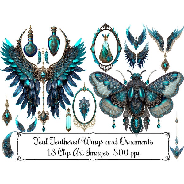 Antique Style Clip Art, Wings Ornaments Butterlfy Frames Bottles Ephemera in Teal and Bronze Digital Art Instant Download 300 ppi