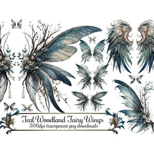 May include: Teal fairy wings with floral and twig accents.  The wings are 300 dpi transparent png downloads.  Teal Woodland Fairy Wings.