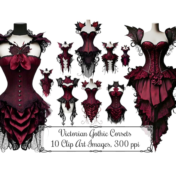 Victorian Gothic Corsets Clip Art, Black and Red with Lace Clipart Bundle, Realistic Digital Art Instant Download 300ppi PNG Images