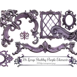 May include: A set of 26 large shabby chic purple decorative elements. The elements are ornate and feature a distressed, vintage look. They are perfect for adding a touch of elegance to any craft project.