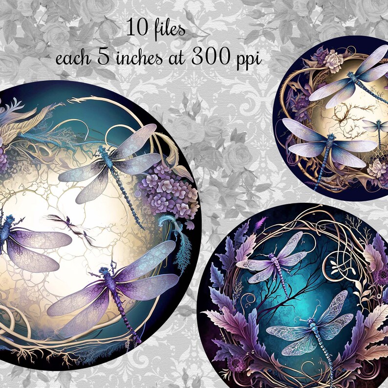 May include: Ten digital clipart images of intricate, circular designs featuring dragonflies, floral elements, and a moon-like background in shades of blue, purple, and gold. Each image is 5 inches at 300 ppi.