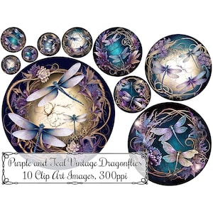 May include: Ten digital clip art images of purple and teal vintage dragonflies with gold accents and floral details. The images are 300 pixels per inch.