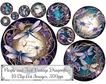 Vintage Style Dragonfly Illustration Clip Art, Purple Teal and Gold Ornamental Circles Digital Art Instant Download 300 ppi PNG Images