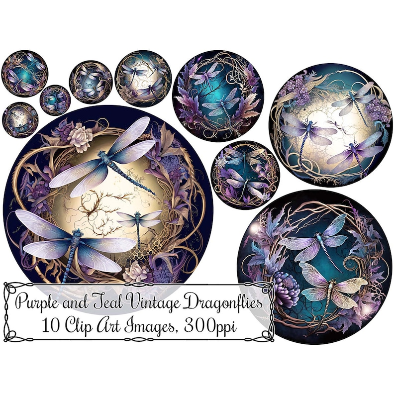 May include: Ten digital clip art images of purple and teal vintage dragonflies with gold accents and floral details. The images are 300 pixels per inch.