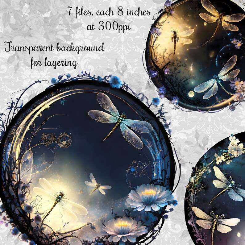 May include: Seven digital illustrations of dragonflies in a circular frame with a dark blue background and gold accents. The dragonflies are transparent and have a delicate, ethereal quality. The illustrations are perfect for adding a touch of whimsy and magic to your designs.