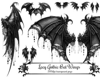 Gothic Wings Clip Art, Darkly Romantic Lacy Black Bat Wing PNG Overlays Digital Art Instant Download 300 DPI PNG Images