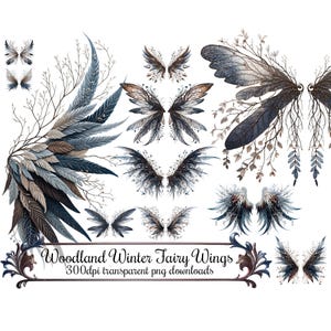 Images clipart d'ailes de fée des bois d'hiver, superpositions d'ailes fantastiques, téléchargement immédiat, 300 DPI Images PNG, avec des feuilles et des branches