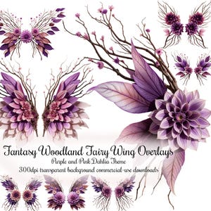 Sobreposições de asas de fada de fantasia floral de floresta de dália roxa, clipart digital detalhado em roxo e rosa para download instantâneo PNG