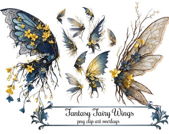 Woodland Fantasy Fairy Wings Clip Art, PNG Overlays Digital Art Instant Download 300 DPI PNG Images, Lacy Blue and Yellow Floral