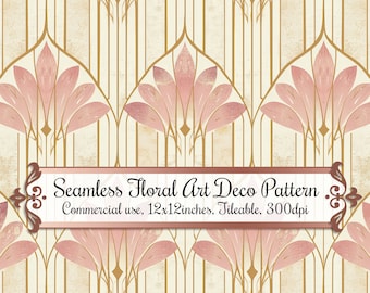 Art Deco Seamless Pattern, Commercial Use, Dusty Pink, Rose Gold, and Beige Floral Wallpaper Design, 300dpi 12-inch Printable Paper