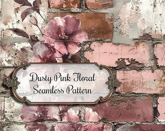 Commercial Use Seamless Pattern, Dusty Pink Shabby Floral Brick Wall Seamless Paper, 300dpi 12-inch Printable Scrapbooking Design