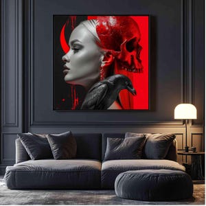 Dark Gothic Art Poster: Frau, roter Schädel & Rabe | Premium Matte Wanddekoration