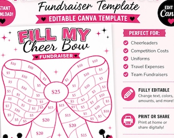 Modèle de collecte de fonds remplissez mon Cheer Bow | Modèle de toile modifiable | Circulaire de collecte de fonds Cheer | Feuille de don de pom-pom girls | Téléchargement instantané