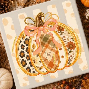 Può includere: Una stampa su tela quadrata con un'illustrazione centrale di una zucca con segmenti a stampa leopardata, scozzese e floreale. La zucca è decorata con un fiocco rosa chiaro e contorni glitterati dorati su uno sfondo a righe grigio chiaro.