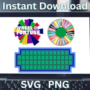May include: A laptop screen shows three game elements: a Wheel of Fortune logo, a numbered wheel, and a rectangular game board. The words "Instant Download" and "SVG PNG" are also visible.