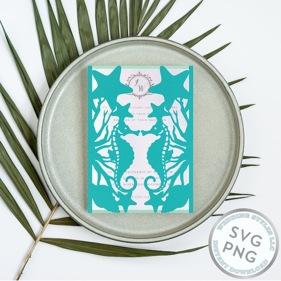Seahorse Beach Wedding Invitation Template SVG. Laser Cut Save the Date DIY Invite Templates. Destination Theme Cricut Download File Invite