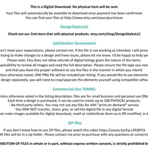 May include: Text-based image with information about digital downloads and commercial use terms. The text includes the phrase "DesignStylesLLC" and a link to the Etsy shop. The text also includes information about the use of ZIP files and a link to a YouTube video explaining how to use them.