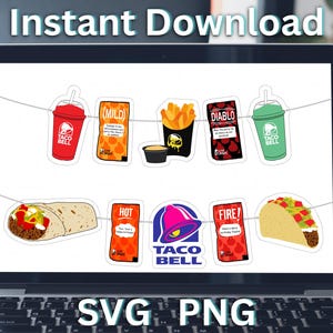 May include: A digital image of a Taco Bell themed party banner featuring various Taco Bell food items, such as a burrito, tacos, fries, and drinks. The banner includes the text "Taco Bell" and the words "Mild", "Diablo", "Hot", and "Fire!"