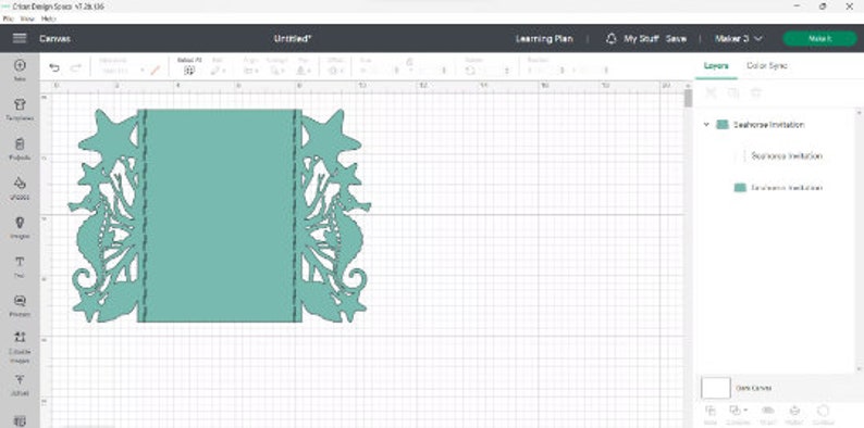 May include: A teal blue card with a seahorse and starfish design. The card is cut out to create a 3D effect. The card is labeled "Seahorse Invitation".