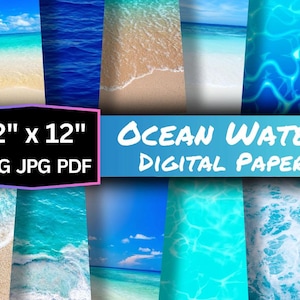 Puede incluir: Un paquete de papel digital con 12 texturas diferentes de agua de mar. El paquete incluye imágenes de 30,5 cm x 30,5 cm en formatos PNG, JPG y PDF. Las imágenes presentan diferentes tonos de azul, blanco y turquesa, algunas mostrando olas, espuma y ondas.