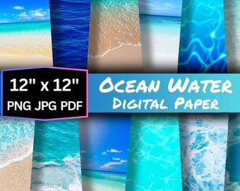 Könnte beinhalten: Ein digitales Papierpaket mit 12 verschiedenen Meereswassertexturen. Das Paket enthält 30,5 cm x 30,5 cm große Bilder in den Formaten PNG, JPG und PDF. Die Bilder zeigen verschiedene Blautöne, Weißtöne und Türkisfarben, einige zeigen Wellen, Schaum und Wellen.
