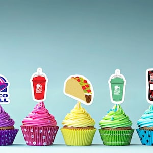 Adornos para cupcakes de Taco Bell para fiestas de Taco Bell. Diseño de adorno para tartas imprimible y para cortar. ¡Incluye frases en sobres de salsa! SVGStyles