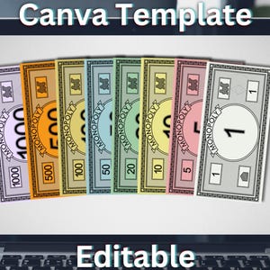 May include: A laptop screen displays a Canva template featuring colorful Monopoly money bills. The bills range in value from 1 to 1000, with the words "Canva Template" and "Editable" at the top and bottom.