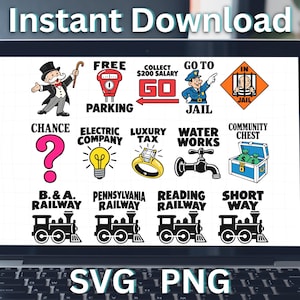 May include: A digital collection of board game icons including a top-hatted character, a red parking meter, a Go sign, a police officer, a jail cell, a pink question mark, a lightbulb, a gold ring, a water faucet, a treasure chest, and four trains.