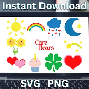 May include: A laptop screen displays colorful digital graphics, including a smiling sun, rainbow, cloud with hearts, moon and star, flowers, shooting star, hearts, cupcake, and a four-leaf clover. The words "Instant Download" and "Care Bears" are visible.
