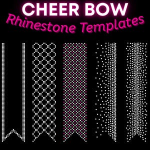 Pode incluir: Cinco modelos verticais de strass para laços de líder de torcida em fundo preto. O texto diz CHEER BOW Rhinestone Templates, 10ss e 3 INCH. Cada modelo apresenta um padrão de pontos brancos em forma de fita com uma borda inferior entalhada.