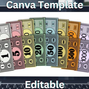 May include: A laptop screen displaying a Canva template of editable play money in various denominations including 1, 5, 10, 20, 50, 100, 500, and 1000. The bills feature distinct colors and numerical values, with the text Canva Template and Editable visible.