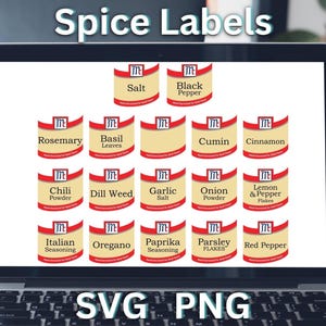 May include: A digital display on a laptop screen showing a collection of seventeen rectangular spice labels with a tan background, red borders, and a small logo at the top. The labels feature text including Salt, Black Pepper, Rosemary, Basil, and more.