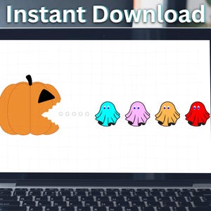 May include: A laptop screen displays a Halloween-themed graphic. An orange pumpkin with a black mouth is chasing colorful ghosts. The text "Instant Download" is at the top of the screen. The design is on a white background.