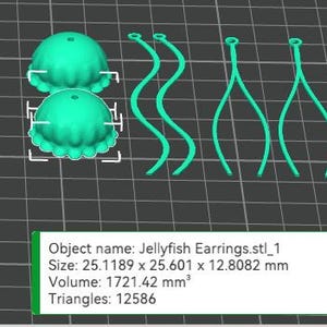 May include: A pair of turquoise blue jellyfish earrings. The earrings are made of 3D printed plastic and feature a detailed jellyfish design. The earrings are approximately 2.5 inches in length.