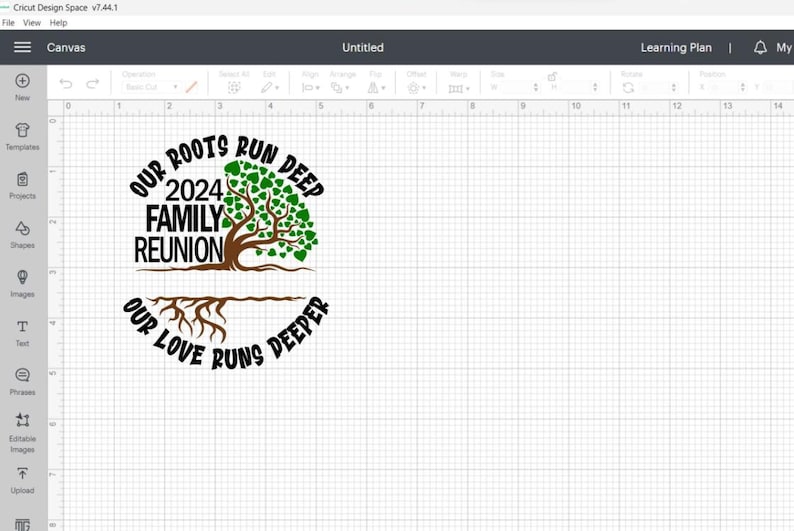 May include: A digital design for a family reunion, featuring a tree with green leaves and brown trunk and roots. The text reads "Our Roots Run Deep 2024 Family Reunion" and "Our Love Runs Deeper" in a circular layout.