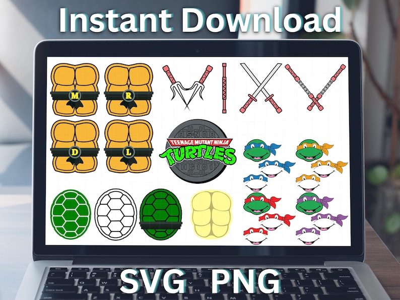 May include: Laptop screen displaying various Teenage Mutant Ninja Turtles-themed graphics. Includes turtle shells, weapons, and character faces in vibrant colors. Text at the top reads "Instant Download" and at the bottom "SVG PNG".