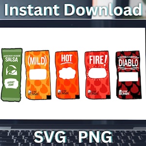 May include: A digital image on a laptop screen showing five Taco Bell sauce packets. The packets are labeled "Avocado Verde Salsa", "(Mild)", "Hot", "Fire!" and "Diablo". The packets are all in the same style, with a red, white, and black design. The image is labeled "SVG PNG" at the bottom.