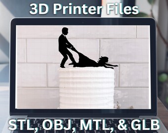 May include: A 3D printed cake topper featuring a silhouette of a couple. The man is pulling the woman by the hand. The topper is on a white cake. The text "STL, OBJ, MTL, & GLB" is displayed below the image.