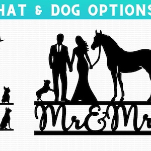 Topo de bolo de casamento SVG - Noiva e noivo com cavalo e cachorro buldogue francês. Casamento na fazenda Download instantâneo PNG, Cricut, Silhueta, Estilos SVGS de impressão