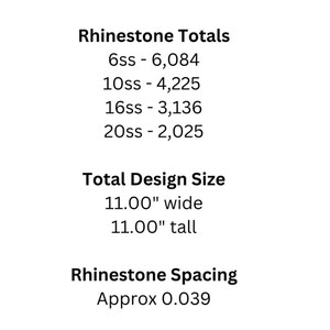 Puede incluir: Total de piedras de imitaci&oacute;n para un dise&ntilde;o que mide 28 cm de ancho y 28 cm de alto. El dise&ntilde;o utiliza 6.084 piedras de imitaci&oacute;n de 6ss, 4.225 piedras de imitaci&oacute;n de 10ss, 3.136 piedras de imitaci&oacute;n de 16ss y 2.025 piedras de imitaci&oacute;n de 20ss. El espaciado de las piedras de imitaci&oacute;n es de aproximadamente 0,99 cm.