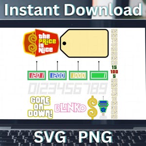 以下が含まれることがあります： デジタルグラフィックファイルには、The Price is Niceというテキスト、空白の黄色いタグ、1201、1200、1000、1の数字が表示された4つの長方形のスコアディスプレイ、数字の列、Gone on Down、Blinkoというテキスト、およびドル記号のアイコンが含まれています。