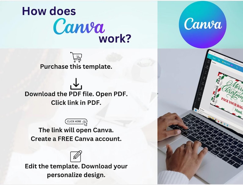 May include: A laptop screen shows a Canva template with a Christmas theme. The text on the screen says "Merry Christmas, Pack Your Bags, Maui." Instructions on how to use the template are also displayed, including "How does Canva work?" and "Purchase this template."