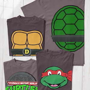 May include: Four gray t-shirts with Teenage Mutant Ninja Turtles designs. One shirt features a green turtle shell, another has a yellow chest design with a "D" belt buckle, and a third displays a turtle face with a red mask. The fourth shirt has the TMNT logo.