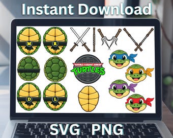 May include: A digital graphic set featuring four turtle shells with letters M, R, D, and L, two plain shells, ninja weapons including swords, sais, and nunchucks, four turtle faces with colored masks, and a manhole cover logo reading Juvenile Variant Shinobi Turtles.
