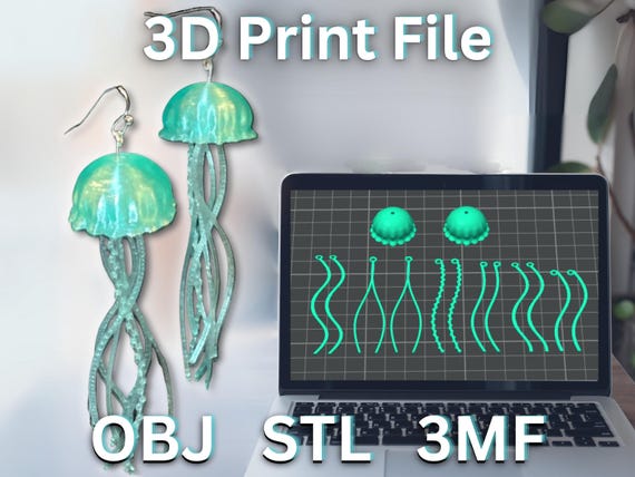 Jellyfish Earrings STL 3D Print File Stl MTL OBJ Glb SVGStyles