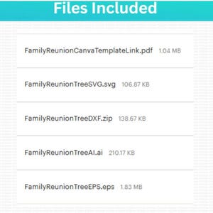 May include: A digital file list with a teal header reading "Files Included". The list shows various file types: PDF, SVG, ZIP, AI, and EPS, each with a file size and the name "FamilyReunion" followed by a file type.
