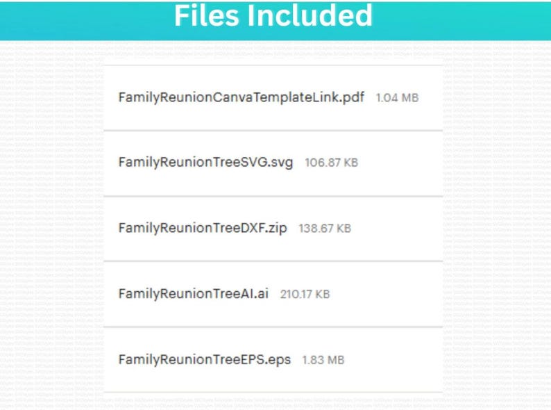 May include: A digital file list with a teal header reading "Files Included". The list shows various file types: PDF, SVG, ZIP, AI, and EPS, each with a file size and the name "FamilyReunion" followed by a file type.